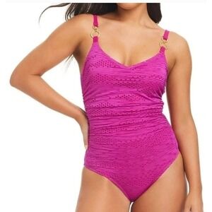 Beyond by Anne Cole One Piece Swimsuit Womens 10 Pink Crochet Rhinestone Luxury